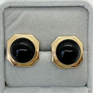 14k yellow Gold Octagon Onyx Cabochon Button Earrings. Vintage. Large.